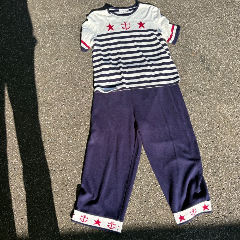 Vintage Leslie Fay Nautical Anchor Knit Top Pants Set Navy White Sailor L